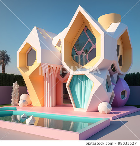 Playful surreal architecture. Super modern extravagant house. Surreal modern villa. Futuristic luxury geometric architecture 99033527
