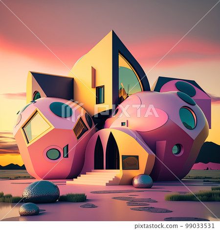 Playful surreal architecture. Super modern extravagant house. Surreal modern villa. Futuristic luxury geometric architecture Playful surreal architecture. Super modern extravagant house. Surreal modern villa. Futuristic luxury geometric architecture 99033531