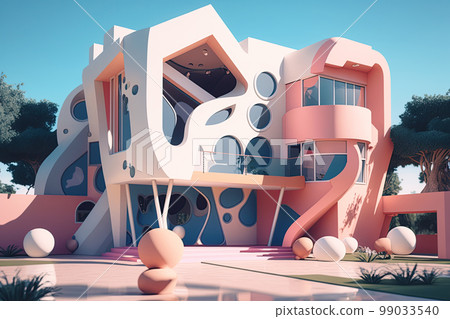 Playful surreal architecture. Super modern extravagant house. Surreal modern villa. Futuristic luxury geometric architecture 99033540