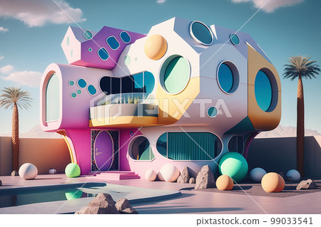 Playful surreal architecture. Super modern extravagant house. Surreal modern villa. Futuristic luxury geometric architecture 99033541
