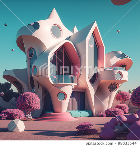 Playful surreal architecture. Super modern extravagant house. Surreal modern villa. Futuristic luxury geometric architecture 99033544