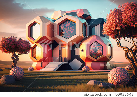 Playful surreal architecture. Super modern extravagant house. Surreal modern villa. Futuristic luxury geometric architecture 99033545