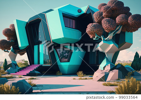 Playful surreal architecture. Super modern extravagant house. Surreal modern villa. Futuristic luxury geometric architecture Playful surreal architecture. Super modern extravagant house. Surreal modern villa. Futuristic luxury geometric architecture 99033564