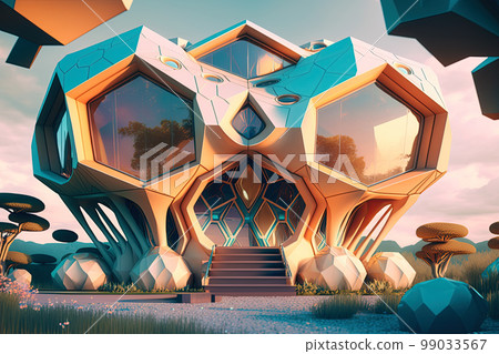 Playful surreal architecture. Super modern extravagant house. Surreal modern villa. Futuristic luxury geometric architecture 99033567