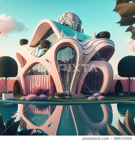 Playful surreal architecture. Super modern extravagant house. Surreal modern villa. Futuristic luxury geometric architecture Playful surreal architecture. Super modern extravagant house. Surreal modern villa. Futuristic luxury geometric architecture 99033568