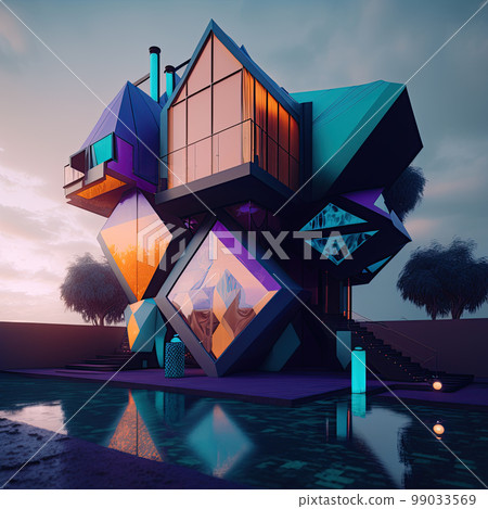 Playful surreal architecture. Super modern extravagant house. Surreal modern villa. Futuristic luxury geometric architecture Playful surreal architecture. Super modern extravagant house. Surreal modern villa. Futuristic luxury geometric architecture 99033569