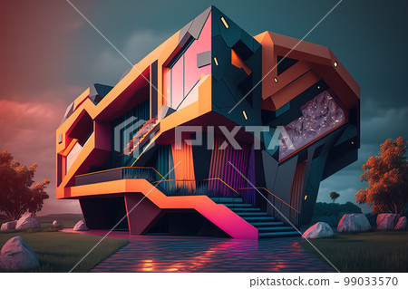 Playful surreal architecture. Super modern extravagant house. Surreal modern villa. Futuristic luxury geometric architecture 99033570