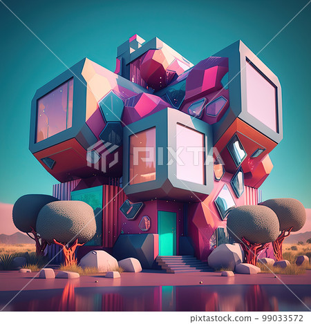Playful surreal architecture. Super modern extravagant house. Surreal modern villa. Futuristic luxury geometric architecture Playful surreal architecture. Super modern extravagant house. Surreal modern villa. Futuristic luxury geometric architecture 99033572