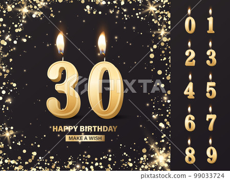 Vector Birthday Anniversary Greeting Card, Banner with 3d Realistic Burning Golden Birthday Party Candles, Numbers, Flame. Candle Icon Set. Design Template, Clipart. Birthday Concept. Front View Vector Birthday Anniversary Greeting Card, Banner with 3d Realistic Burning Golden Birthday Party Candles, Numbers, Flame. Candle Icon Set. Design Template, Clipart. Birthday Concept. Front View 99033724