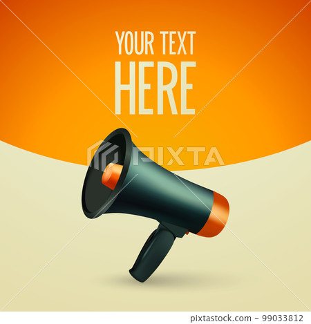 Vector Realistic 3d Simple Black Megaphone with Speech Buble on Orange Background. Design Template, Banner, Web. Speaker Sign with Place for Text, Copy Space. Announcement, Attention Concept 99033812