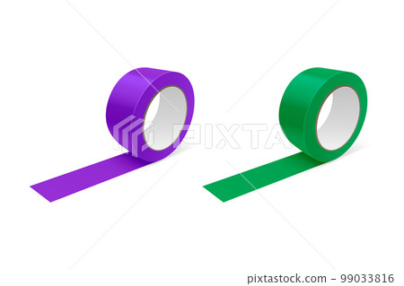 Vector 3d Realistic Glossy Purple and Green Tape Roll Icon Set, Mock-up Closeup Isolated on White Background. Design Template of Packaging Sticky Tape Roll or Adhesive Tape for Mockup. Front View 99033816