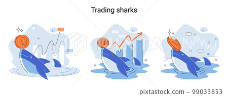 Whale emerges from water and holds gold coins on its nose. Inexperienced investor, bad investment Whale emerges from water and holds gold coins on its nose. Inexperienced investor, bad investment 99033853