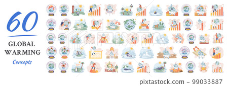 Global warming 60 concepts set. long-term increase in average temperature of Earths climate system 99033887