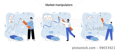 Stock market manipulation. Characters analyzing stock market data to control financial graphic chart Stock market manipulation. Characters analyzing stock market data to control financial graphic chart 99033921