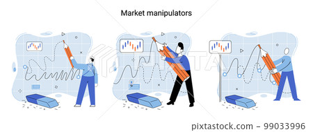 Stock market manipulation. Characters analyzing stock market data to control financial graphic chart Stock market manipulation. Characters analyzing stock market data to control financial graphic chart 99033996