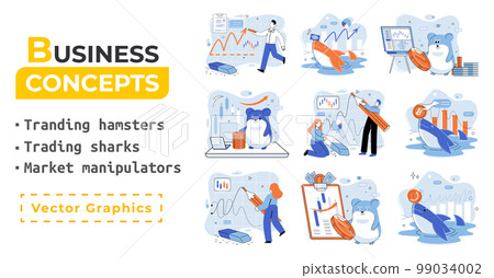 Stock market manipulation. Characters analyzing stock market data to control financial graphic chart Stock market manipulation. Characters analyzing stock market data to control financial graphic chart 99034002