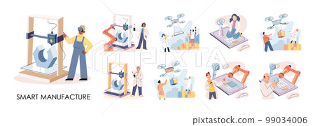 Manufacturing process, automated production line, delivery and distribution robots machinery industry 4.0 Manufacturing process, automated production line, delivery and distribution robots machinery industry 4.0 99034006