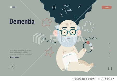 Mental disorders web template. Dementia- modern flat vector illustration of elderly man, weakening of cognitive function, return to childhood. People emotional, psychological, mental traumas concept 99034057