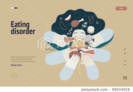 Mental disorders web template. Eating disorder - modern flat vector illustration of a woman stuffing herself meeting with a stress experience. People emotional, psychological, mental traumas concept Mental disorders web template. Eating disorder - modern flat vector illustration of a woman stuffing herself meeting with a stress experience. People emotional, psychological, mental traumas concept 99034058