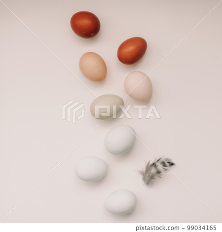 Happy Easter concept. Fresh chicken eggs of natural shades and colors on a white background Happy Easter concept. Fresh chicken eggs of natural shades and colors on a white background 99034165