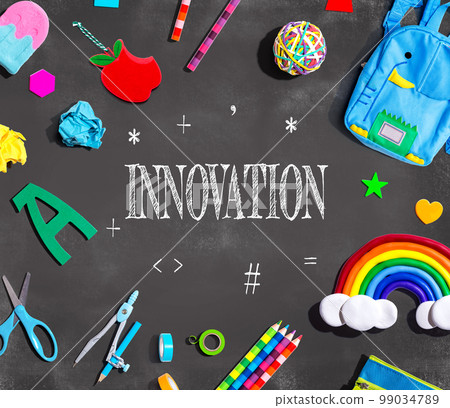 Innovation theme with school supplies on a chalkboard Innovation theme with school supplies on a chalkboard 99034789