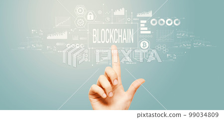 Blockchain theme with hand pressing a button Blockchain theme with hand pressing a button 99034809