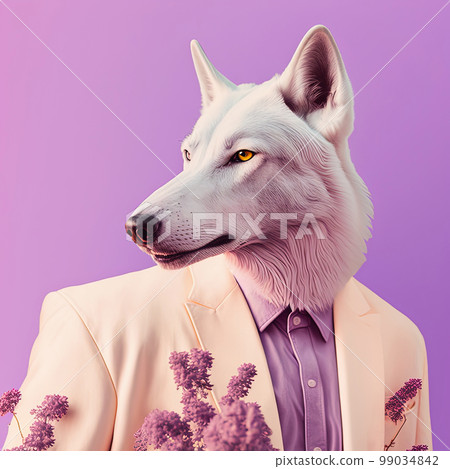 Cool fashion wolf in stylish suit. Purple violet color monochrome portrait. Pop art modern style and lifestyle concept. Contemporary art, creative idea. Generative AI 99034842