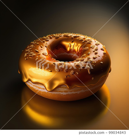 Perfect golden donut with glaze and sprinkles on gold background, close up. Creativity, reward concept. AI 99034843