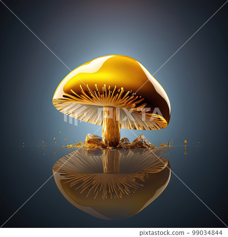 Beautiful golden magic mushroom on metallic gray background, close up. Abstract creative design. AI Beautiful golden magic mushroom on metallic gray background, close up. Abstract creative design. AI 99034844