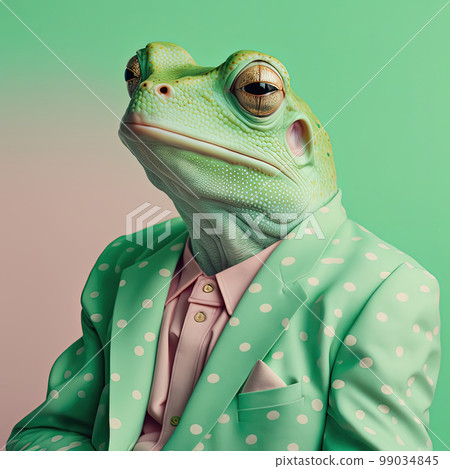 Cool fashion frog in stylish polka dot suit and shirt. Green monochrome portrait. Pop art modern style and lifestyle concept. Contemporary art, creative idea. Generative AI 99034845