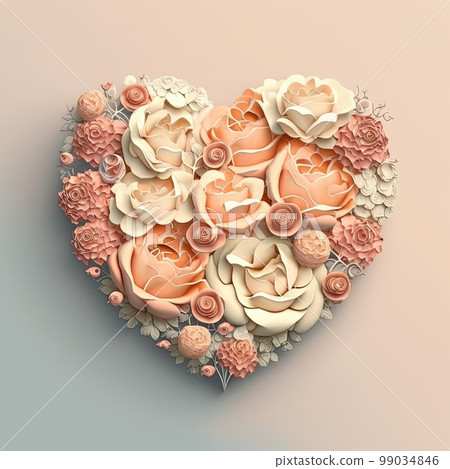 Floral botanical heart made of froses on white background. Spring, summer, love nature concept 99034846