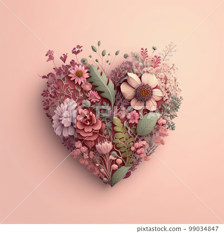 Floral botanical heart made of flowers, leaves and plants on pink background. Spring, summer, love nature concept AI 99034847