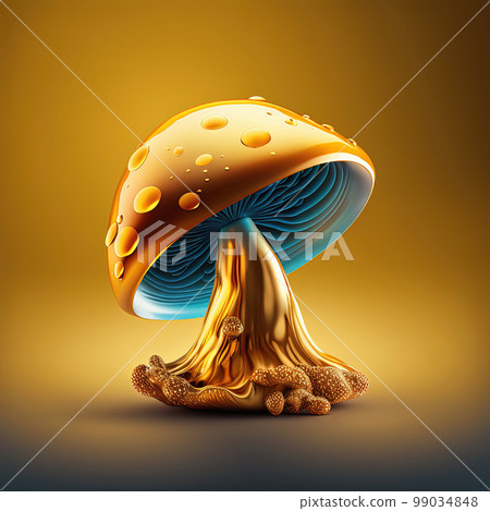 Perfect golden magic mushroom on gold background, close up. Abstract creative design. AI 99034848