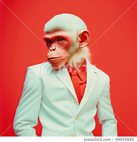 Cool fashion albino monkey in stylish white suit and tie, red shirt, red background. Pop art modern style portrait and lifestyle concept. Contemporary art, creative idea. Generative AI Cool fashion albino monkey in stylish white suit and tie, red shirt, red background. Pop art modern style portrait and lifestyle concept. Contemporary art, creative idea. Generative AI 99034849