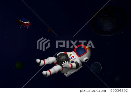 Astronaut floating in space catching asteroids, space adventure, 3D rendering. 99034892