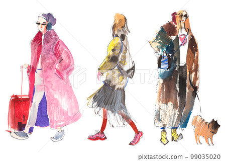 Trendy young women in outerwear watercolor illustration. 99035020