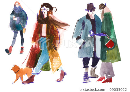 People drawn in watercolor illustration. 99035022