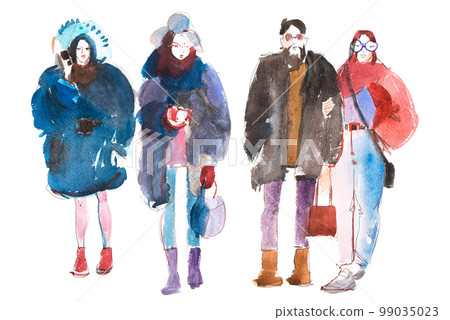 People drawn in watercolor illustration. 99035023