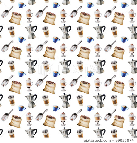 Watercolor seamless pattern with coffee making tools. Latte, espresso, americano. Hand painting on isolated background. For designers, menu, shop, bar, bistro, restaurant, for postcards, wrapping 99035074