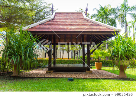 beautiful wooden gazebo and nice green lawn beautiful wooden gazebo and nice green lawn 99035456
