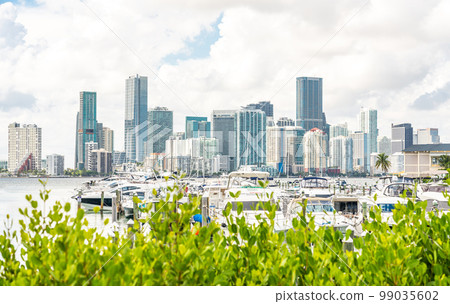 Miami Downtown skyline in daytime with Biscayne Bay and yachts 99035602
