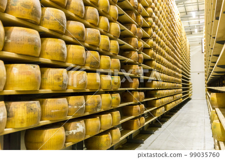 Parmigiano Cheese factory production shelves with aging cheese i 99035760