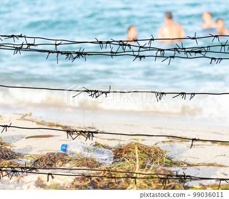 View through the barbed wire on a dirty beach filled with seaweed, garbage and swimming people 99036011