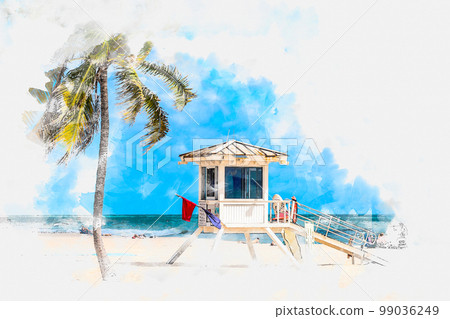 Watercolor painting illustration of lifeguard tower in Fort Lauderdale Watercolor painting illustration of lifeguard tower in Fort Lauderdale 99036249