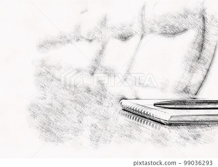 Closeup of notepad kept on table in empty room, pencil sketch drawing Closeup of notepad kept on table in empty room, pencil sketch drawing 99036293
