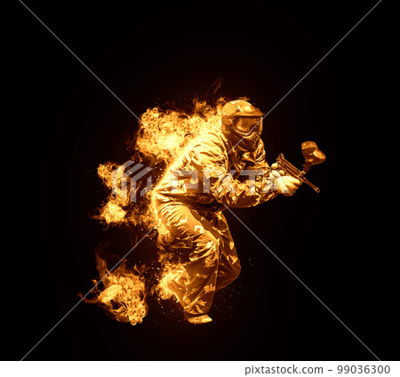 Fiery paintball sport player in protective uniform playing with gun outdoors, digital art on black background Fiery paintball sport player in protective uniform playing with gun outdoors, digital art on black background 99036300