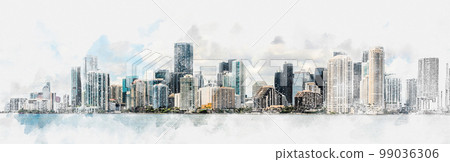 Watercolor painting illustration of Miami Downtown skyline in daytime with Biscayne Bay Watercolor painting illustration of Miami Downtown skyline in daytime with Biscayne Bay 99036306