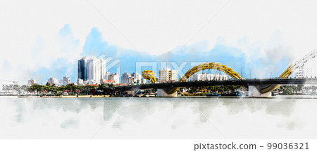 Watercolor style digital art of Da Nang city panorama with skyscrapers and beautiful architecture bridges along Han River on a beautiful bay 99036321