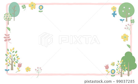 Birds and butterflies fly around, frame of trees and flowers, white background, simple lines 99037285