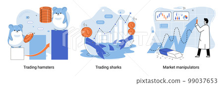 Stock market manipulation. Characters analyzing stock market data to control financial graphic chart 99037653